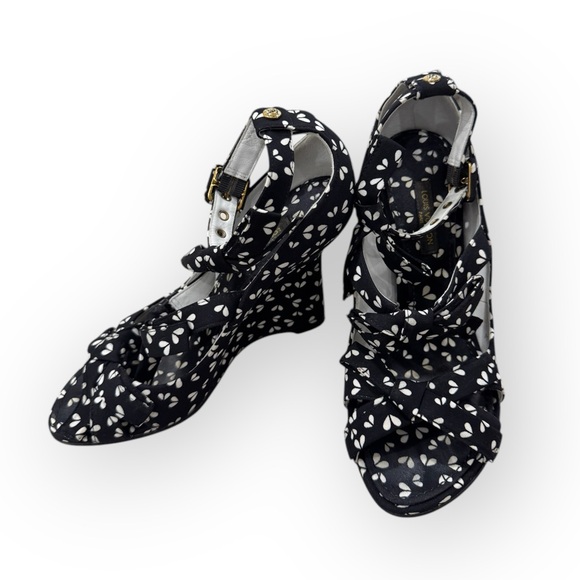 Louis Vuitton Black Printed Fabric Bow Ankle Strap Wedges Sandals Size US 5 - Picture 1 of 10